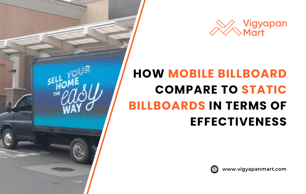 Mobile billboard truck with vibrant advertising on city road, contrasting with static billboards in urban environment for effective outdoor marketing.