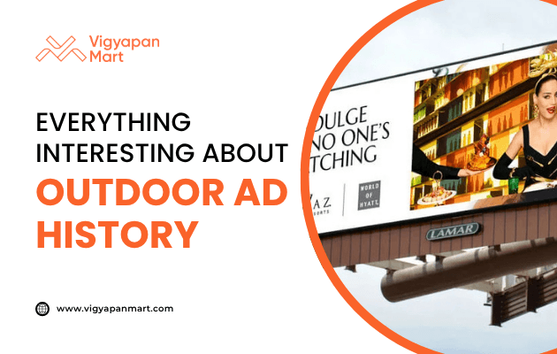 A promotional graphic for Vigyapan Mart features a large outdoor billboard with a woman holding a drink, and text that reads “Everything Interesting About Outdoor Ad History.