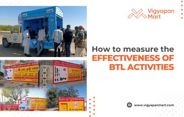A graphic shows a mobile van and wall advertisements with people gathered nearby, along with the Vigyapan Mart logo and the text “How to measure the effectiveness of BTL activities.