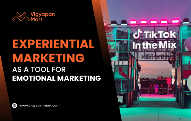A promotional graphic for Vigyapan Mart features bold text about experiential and emotional marketing, alongside a colorful photo of a TikTok event entrance labeled TikTok In the Mix at sunset.