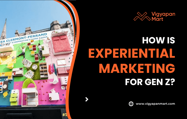 A colorful IKEA display with mini furniture pieces on the left, and on the right, text reads How is Experiential Marketing for Gen Z? with the Vigyapan Mart logo and website.