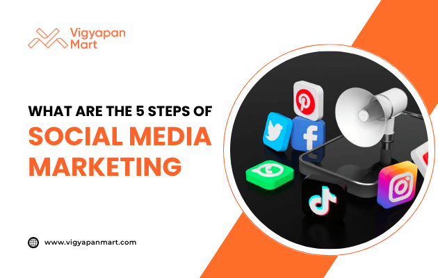 A graphic with the text What are the 5 steps of Social Media Marketing features logos of social media platforms and a megaphone, alongside the Vigyapan Mart logo and website on an orange and white background.