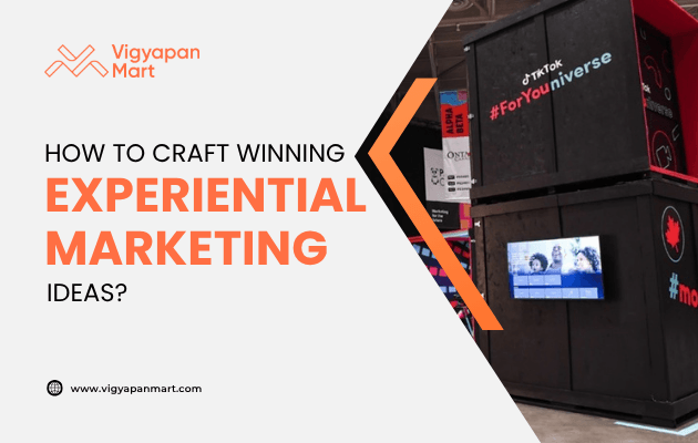Promotional banner for Vigyapan Mart showing a TikTok experiential marketing booth, and the text: “How to craft winning experiential marketing ideas?” with the Vigyapan Mart logo and website.