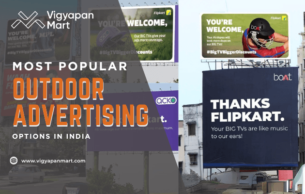 Image showcasing various popular outdoor advertising options in India, including billboards and transit ads.