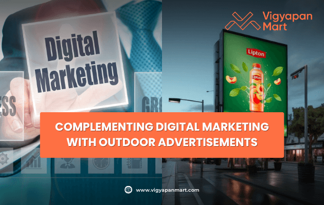 Split image showing digital marketing themes on the left and a vibrant outdoor Lipton advertisement on the right, emphasizing integration.