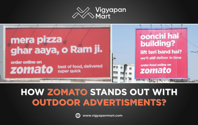 Zomato outdoor advertising billboard with witty punchline and pop culture reference for food delivery marketing.