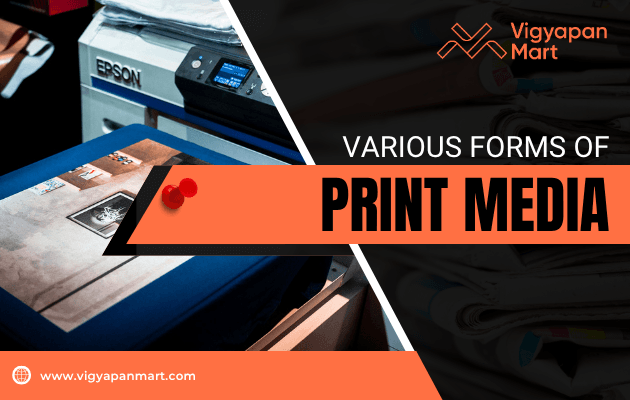 A printer and printed materials with the text "Various Forms of Print Media" and the Vigyapan Mart logo and website.