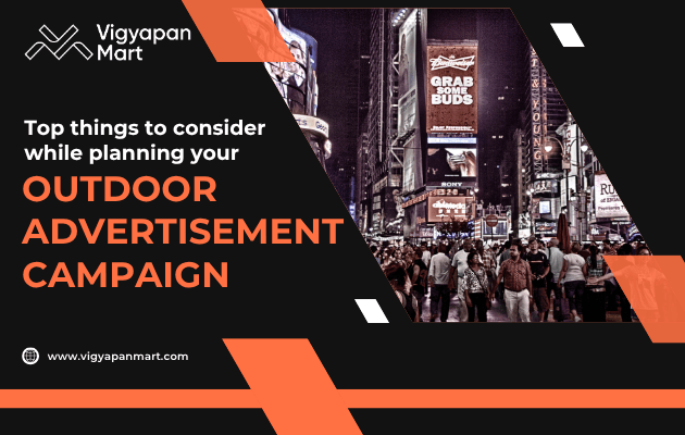 A vibrant outdoor scene with crowds in Times Square, showcasing a promotional message about planning outdoor advertisement campaigns.