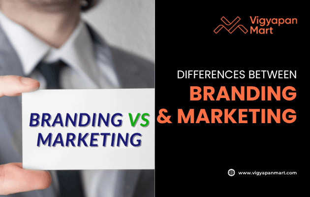 A person in a suit holds a card reading Branding vs Marketing. Next to it, text says Differences Between Branding & Marketing with the Vigyapan Mart logo and website.