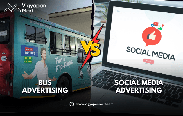 A split-image compares bus advertising with a bus ad on the left and social media advertising with a laptop screen on the right. A lightning bolt and VS are in the center. Vigyapan Mart logo appears at the top.