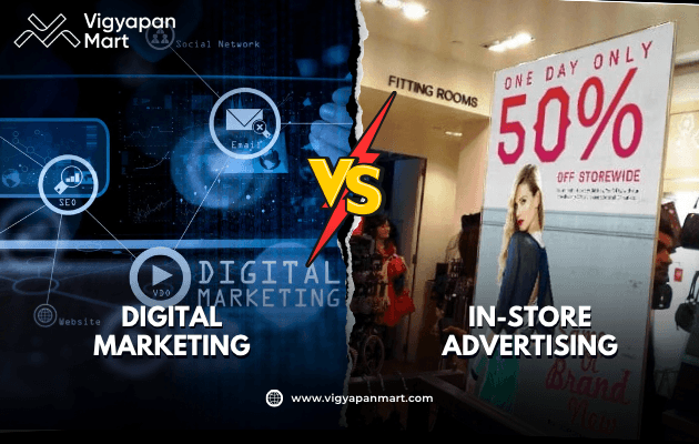 Comparison banner by Vigyapan Mart showing “Digital Marketing” with icons for email, video, and online ads on the left versus “In-Store Advertising” with a retail poster displaying a 50% off sale on the right. Central lightning bolt graphic emphasizes the contrast between online and offline advertising strategies.