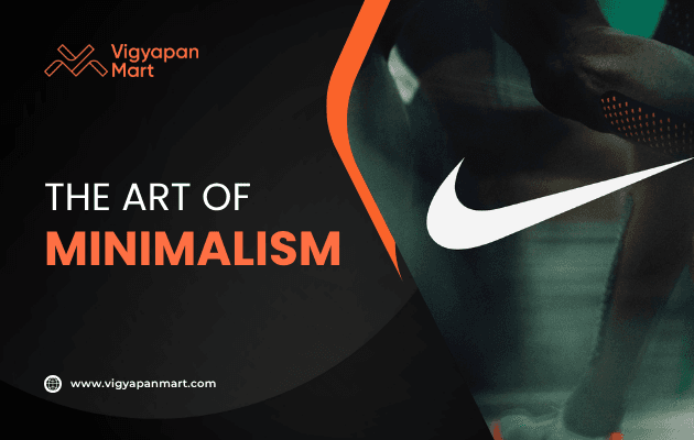 Minimalist Nike advertisement featuring the iconic swoosh logo and a close-up of an athlete’s leg in motion, paired with Vigyapan Mart graphic text “The Art of Minimalism” with logo and website link.