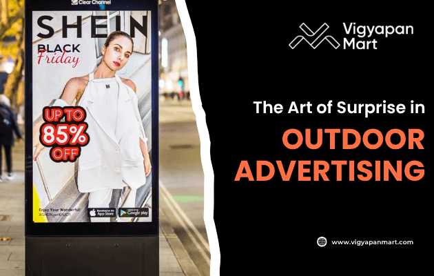 Digital street billboard displaying SHEIN Black Friday sale ad with model image and bold text “Up to 85% Off,” next to Vigyapan Mart graphic reading “The Art of Surprise in Outdoor Advertising” with logo and website link.