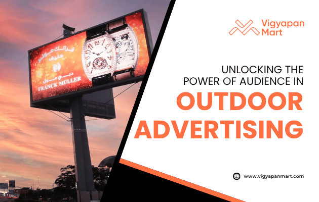 Large outdoor billboard advertisement at sunset displaying a Franck Muller luxury watch. On the right side, Vigyapan Mart branding with the text “Unlocking the Power of Audience in Outdoor Advertising” and website www.vigyapanmart.com