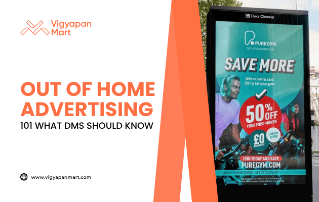 Digital out-of-home advertising screen on a city street displays a PureGym promotion offering “50% off your first month.” On the left, Vigyapan Mart branding with text “Out of Home Advertising – 101 What DMs Should Know” and website www.vigyapanmart.com