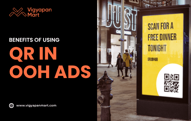 Digital outdoor advertising display in a busy street shows a yellow Grubhub ad with the message “Scan for a Free Dinner Tonight” and a QR code. On the left, Vigyapan Mart branding with the text “Benefits of Using QR in OOH Ads” and website www.vigyapanmart.com