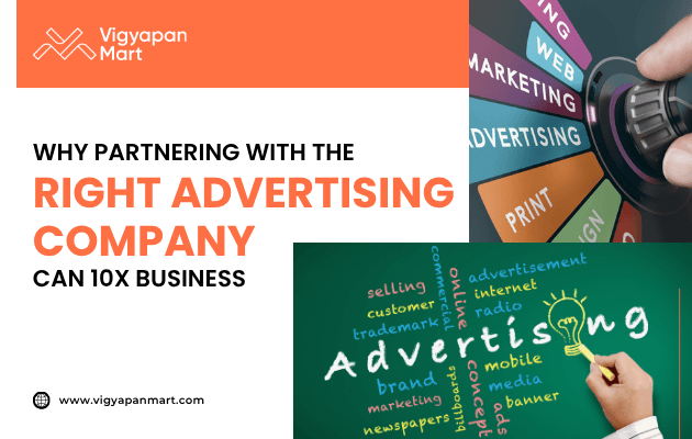 Marketing concept with advertising channels and keywords, alongside text “Why Partnering with the Right Advertising Company Can 10X Business” with Vigyapan Mart branding and website.