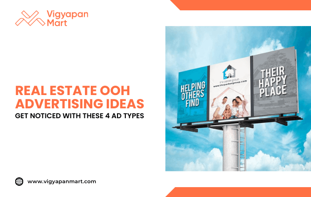 Real estate billboard with family image and slogans “Helping Others Find” and “Their Happy Place,” alongside Vigyapan Mart branding and text “Real Estate OOH Advertising Ideas.