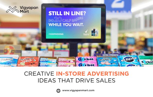 In-store advertising screen at supermarket checkout promoting Degree deodorant, with candy and gum display, highlighting creative retail ad ideas to drive sales.