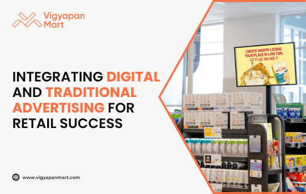 In-store digital advertising screen above checkout counter promoting cheese, placed near shelves with snacks and beverages, highlighted by Vigyapan Mart with text “Integrating Digital and Traditional Advertising for Retail Success.