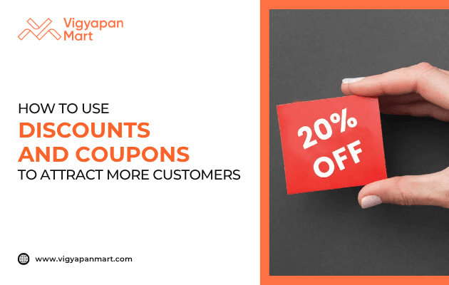 Hand holding a red discount card with text “20% Off,” highlighted by Vigyapan Mart with caption “How to Use Discounts and Coupons to Attract More Customers.