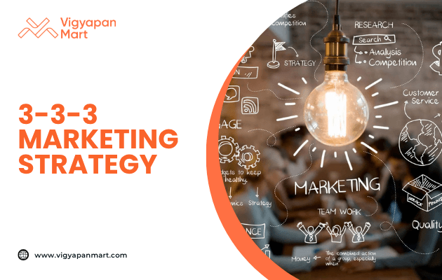 A glowing light bulb surrounded by marketing-related sketches such as research, strategy, competition, and quality, with Vigyapan Mart branding and text “3-3-3 Marketing Strategy.