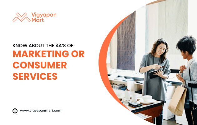 A shopkeeper handing a shopping bag to a smiling customer, with Vigyapan Mart branding and text “Know about the 4A’s of Marketing or Consumer Services.