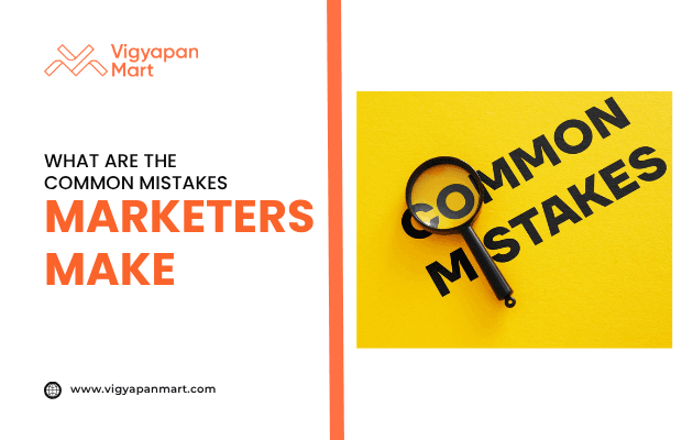 A yellow sticky note with the words “COMMON MISTAKES” placed on a laptop keyboard, alongside Vigyapan Mart branding and text “What are the common mistakes marketers make.