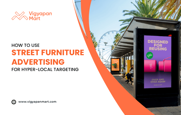 Street furniture advertising at a bus stop displaying a digital billboard with sustainability-themed ad reading 'Designed for Reusing,' showing reusable packaging concept, shared by Vigyapan Mart.