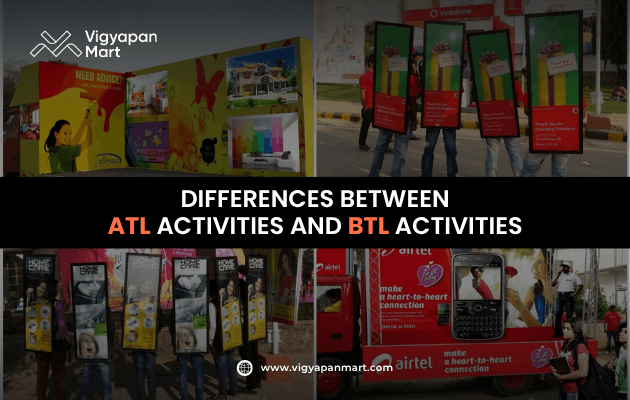 Vigyapan Mart graphic showing differences between ATL and BTL activities with examples like wall ads, Vodafone street promotions, and Airtel branding vans.