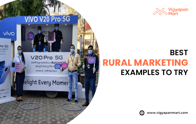 Vigyapan Mart graphic showcasing the best rural marketing examples, featuring a Vivo V20 Pro 5G promotional van with brand promoters in masks holding placards during a field campaign.