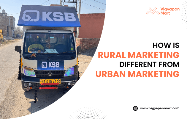 Vigyapan Mart graphic explaining how rural marketing differs from urban marketing, featuring a KSB promotional vehicle parked on a rural street with branding on the van’s front and rooftop.