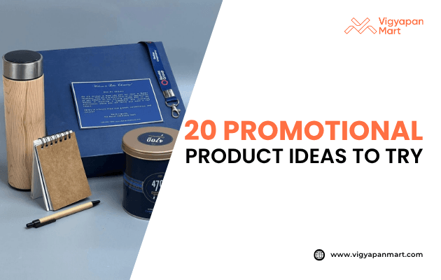 Vigyapan Mart graphic showcasing “20 Promotional Product Ideas to Try,” featuring branded corporate gift items including a wooden flask, notebook, pen, coffee tin, and a blue gift box.