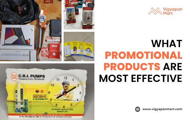 Vigyapan Mart graphic discussing “What Promotional Products Are Most Effective,” featuring examples like branded backpacks, diaries, pens, pamphlets, and a C.R.I. Pumps promotional clock with product visuals.