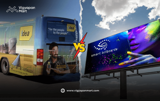 Vigyapan Mart graphic comparing an Idea bus ad with a colorful smart billboard, divided by a bold “VS” in the center. Logo and website shown.