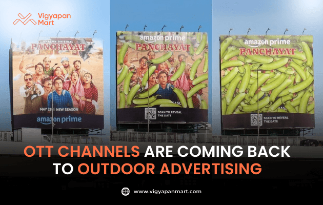 Vigyapan Mart graphic with Amazon Prime Panchayat billboards and text “OTT Channels Are Coming Back to Outdoor Advertising.” Logo and website shown.
