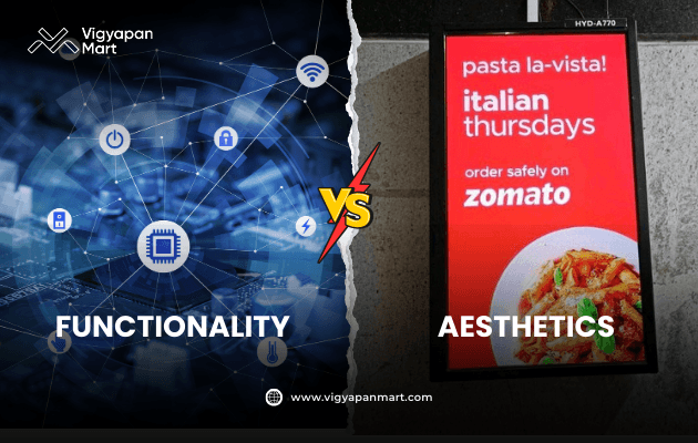 Vigyapan Mart graphic contrasting “Functionality” with a tech background and “Aesthetics” with a Zomato pasta billboard, separated by a bold “VS.”