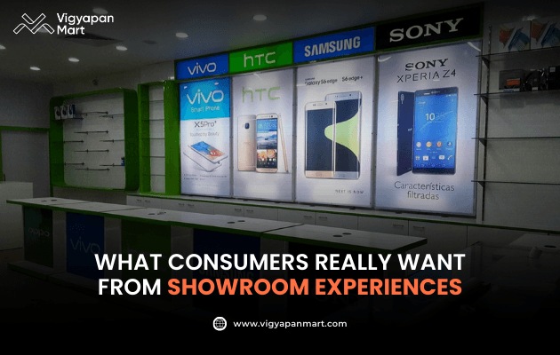 Vigyapan Mart graphic showing a mobile phone showroom with illuminated brand displays for Vivo, HTC, Samsung, and Sony. Text below reads “What Consumers Really Want from Showroom Experiences,” with “Showroom Experiences” highlighted in orange. Vigyapan Mart logo and website are shown.