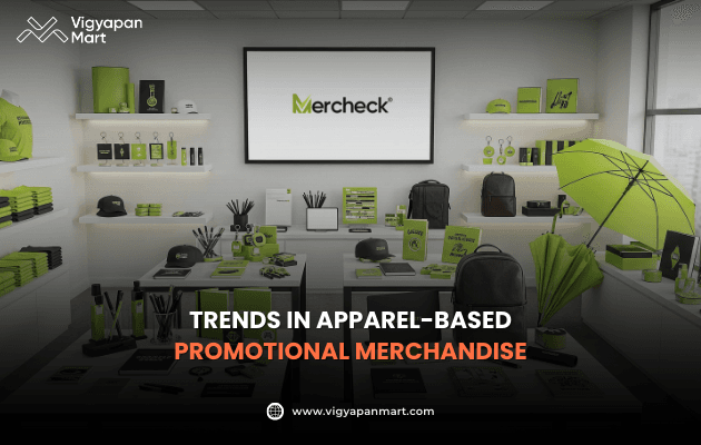 Vigyapan Mart creative featuring a display of branded promotional merchandise like t-shirts, bags, caps, notebooks, bottles, and umbrellas in green and black. Text overlay reads “Trends in Apparel-Based Promotional Merchandise.