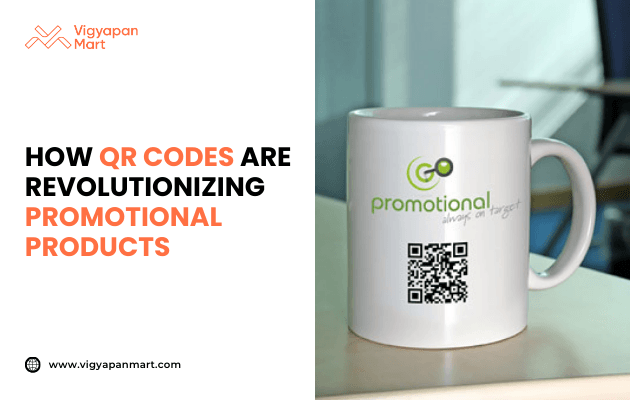 White ceramic mug with printed QR code and 'Go Promotional' branding, showcasing modern promotional merchandise. Marketing banner text reads 'How QR Codes Are Revolutionizing Promotional Products' by Vigyapan Mart, highlighting digital integration in branded items for businesses.