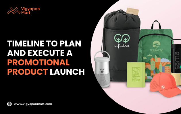 Collection of promotional products including black drawstring bag with 'Infintree' logo, green backpack with 'Terrazzo' branding, portable speaker, notebook, and orange cap on pastel background. Marketing banner text reads 'Timeline to Plan and Execute a Promotional Product Launch' by Vigyapan Mart, highlighting branded merchandise strategies.