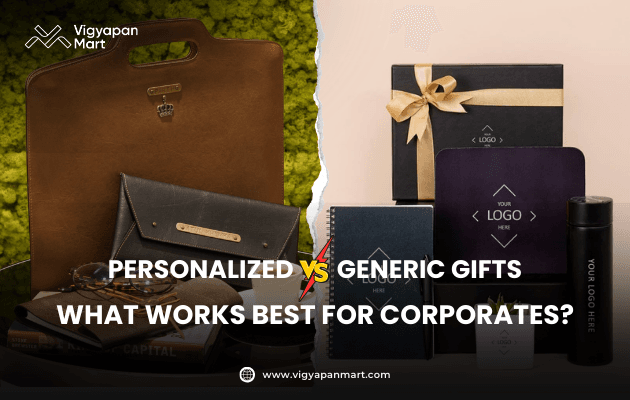 Comparison of corporate gifting styles: left side shows personalized leather briefcase and wallet, right side displays generic gift boxes with ribbon and custom logo placeholders. Marketing banner text reads 'Personalized vs Generic Gifts: What Works Best for Corporates?' by Vigyapan Mart, highlighting business gifting strategies.