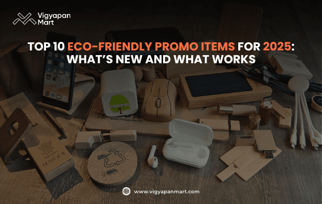 Collection of eco-friendly promotional items including bamboo phone stands, solar chargers, reusable straws, earbuds, and wooden accessories, with text “Top 10 Eco-Friendly Promo Items for 2025: What’s New and What Works,” featuring Vigyapan Mart logo and website.