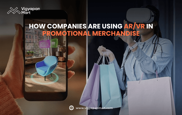 Split image showing augmented reality and virtual reality in use. On the left, a smartphone screen displays a 3D AR model of a chair in a living room. On the right, a person wearing a VR headset holds multiple shopping bags. Text reads: “How companies are using AR/VR in promotional merchandise” with Vigyapan Mart logo. Innovative marketing and branding concept.