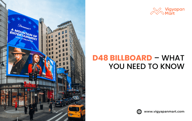 Street scene featuring a large D48 billboard with vibrant colors, city buildings, and vehicles. Text on the right discusses billboard insights.