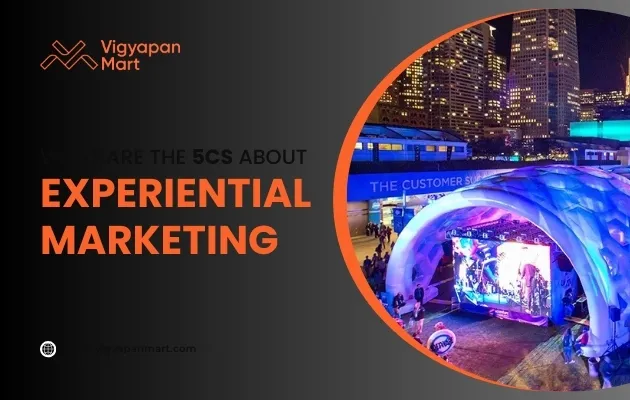 A promotional graphic for Vigyapan Mart about the 5Cs of experiential marketing, featuring a nighttime event with a lighted dome structure and city buildings in the background.