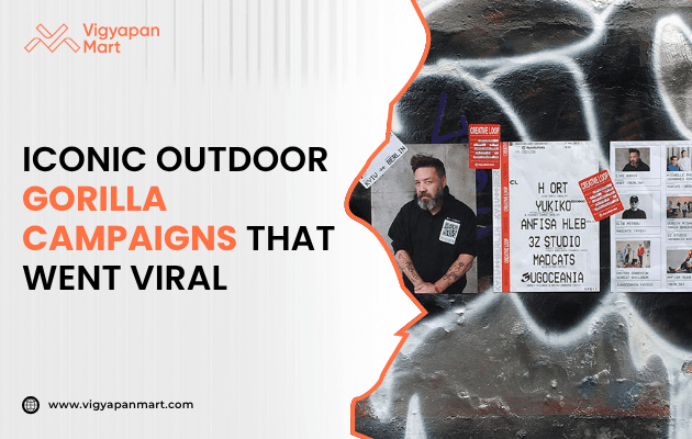 Poster titled ‘Iconic Outdoor Guerrilla Campaigns That Went Viral,’ featuring a dramatic scene of a Guerrilla passionately drumming to Phil Collins’ ‘In the Air Tonight,’ highlighting the unexpected and emotionally engaging nature of guerrilla marketing.