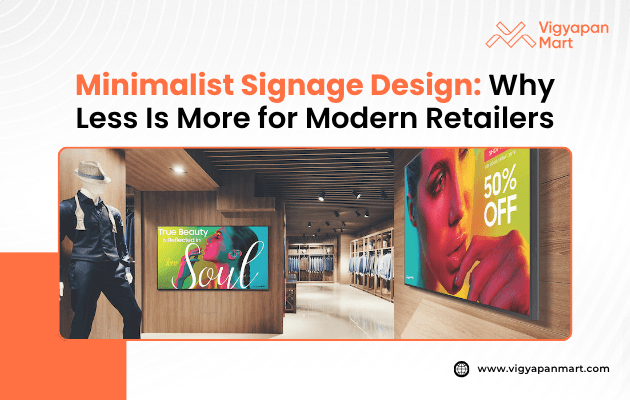 Poster titled ‘Minimalist Signage Design: Why Less Is More for Modern Retailers,’ featuring sleek, clean-lined signage in a contemporary retail environment, emphasizing the effectiveness of simplicity in modern branding.