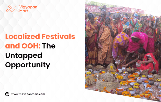 Vibrant festival scene featuring a bustling rural market with colorful stalls, traditional performances, and community gatherings, illustrating the untapped potential of integrating Out-of-Home (OOH) advertising into localized festivals to enhance brand visibility and community engagement.