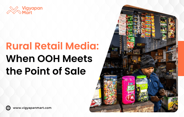 Rural retail Out-of-Home (OOH) advertising poster displaying the text ‘When OOH Meets the Point of Sale,’ featuring a dynamic digital screen in a rural shop setting, illustrating how integrating OOH advertising at the point of purchase enhances consumer engagement and drives sales.
